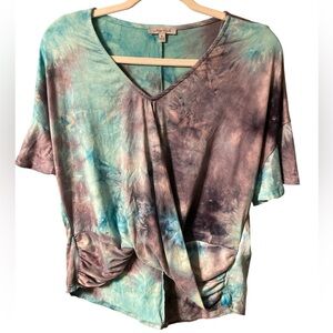 NEW White Birch Multicolor Tie-Dye V-Neck Top twist waist soft stretchy